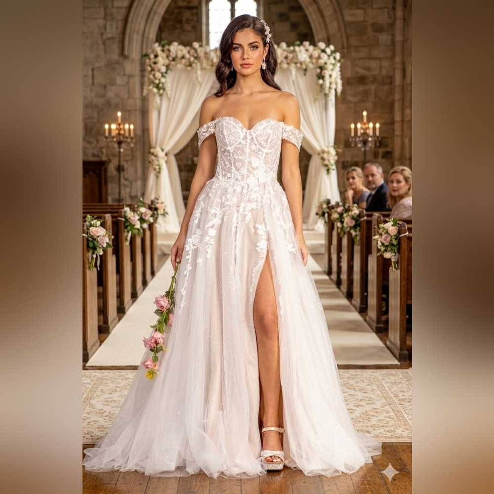 NWT Size XL GLS Sparkly Lace & Tulle Wedding Gown In Ivory & Champagne